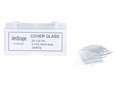 AmScope CS-S22-200-10PK 10 Pack of 200pc Pre-Cleaned 22mm x 22mm Square Microscope Glass Cover Slides Coverslips - 2000 Total