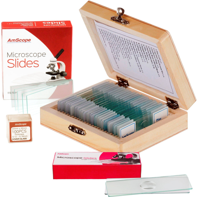 AmScope PS25-BSC12-72P100S22 25 Microscope Prepared Slides, 72 Pre-Cleaned Blank Plate Slides, 12 Single Depression Concave Slides and 100 Coverslips