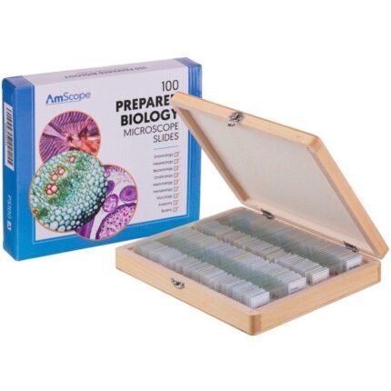 AmScope PS100D 100pc Prepared Glass Microscope Slides in Wood Case with Amphibian, Mammal, Insect and Plant/Botany Specimens - SET D